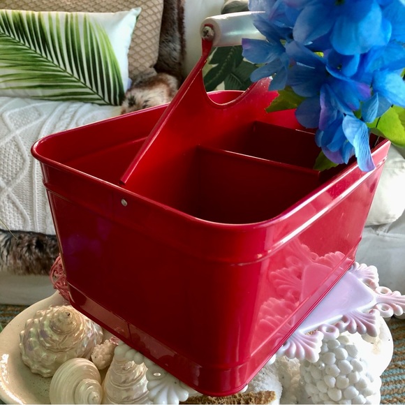 NEW! Red Shiny Gloss Metal Silverware Caddy W/Handle - Picture 2 of 8